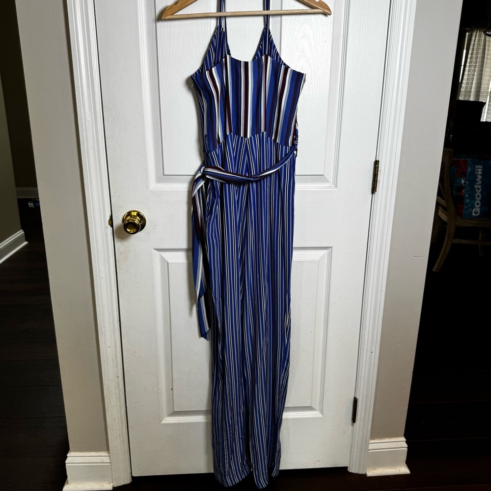 Rag & Bone Felix Silk Striped Wrap Jumpsuit Size 8 Blue Red Wide Leg Pockets - Picture 12 of 12